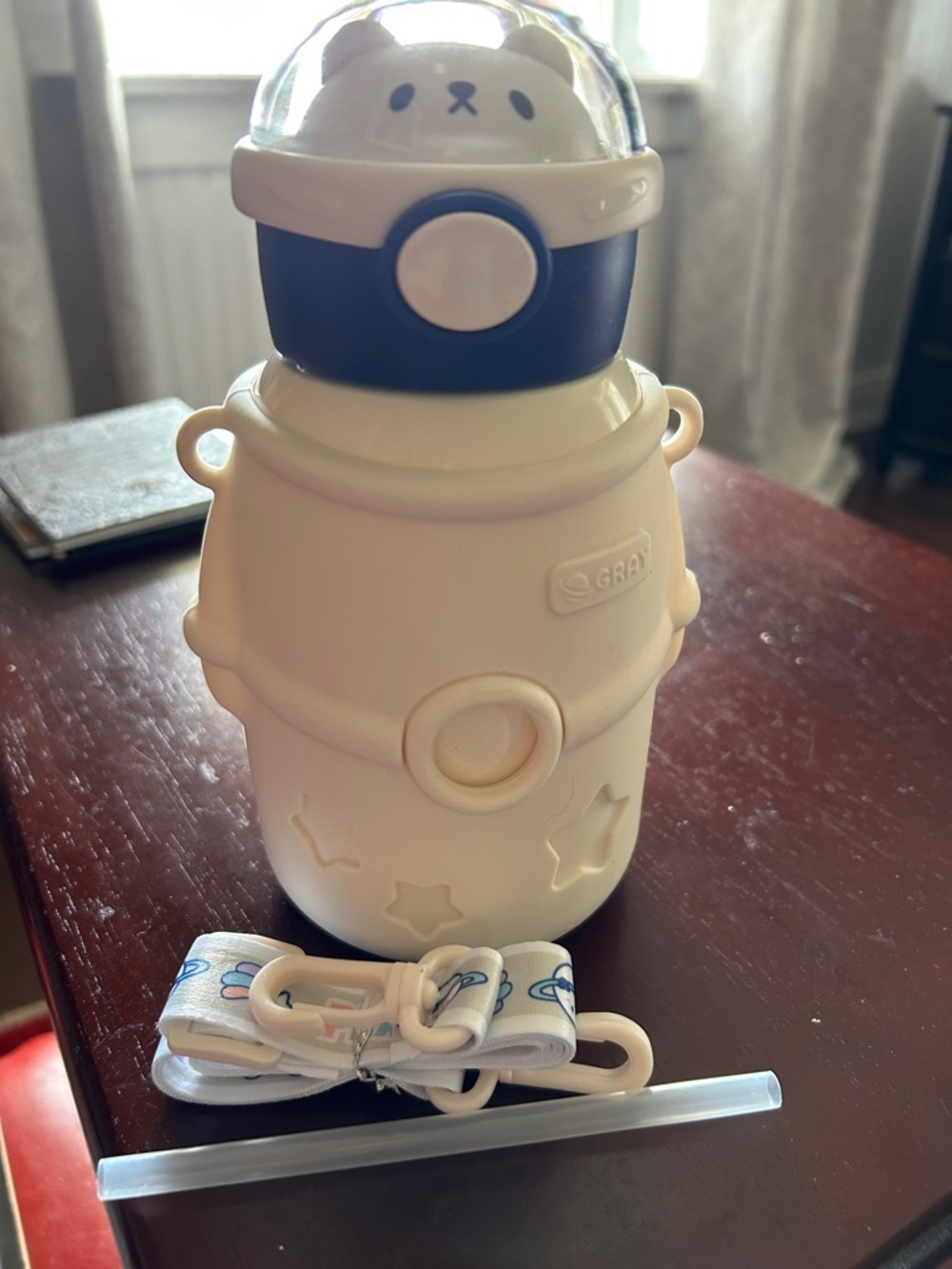 White and Navy Kids Water Bottle with Bear Top